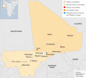 From BBC News: Map of Mali showing French & Rebel positions, as of January 26, 2013