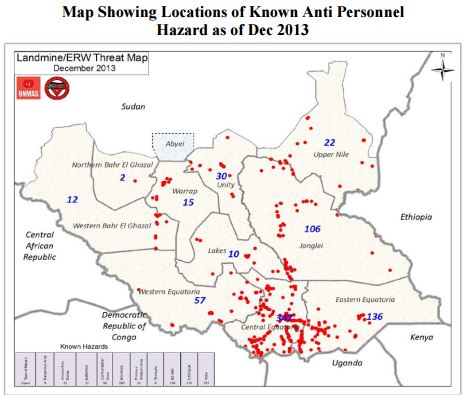 Known areas of anti-personnel landmine contamination in 2013. From the South Sudan Mine Action Strategy, 2012 - 2016.