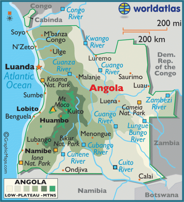 Map of Angola and Kwanza River